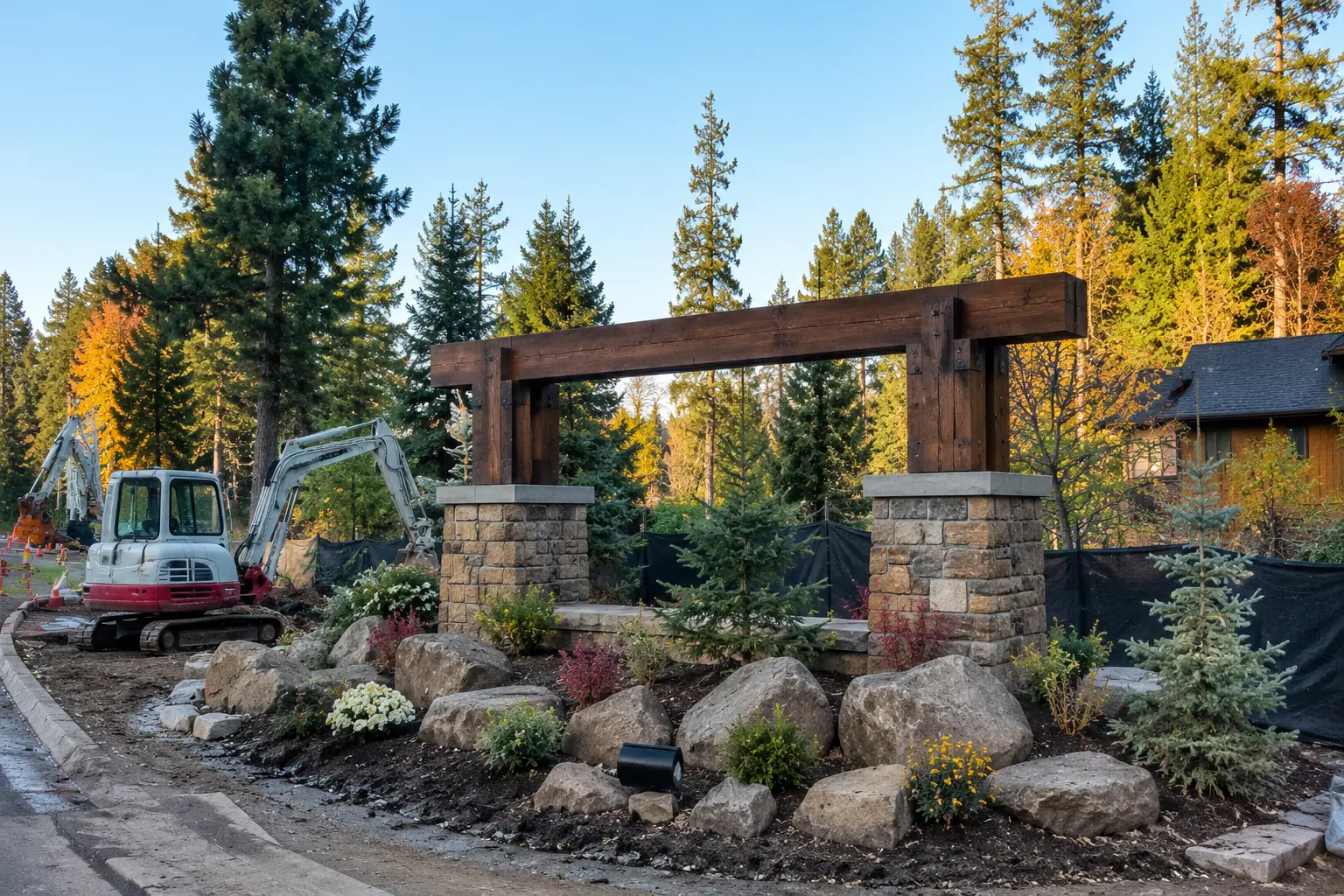 Stone entry columns with timber arbor, boulder beds and fresh plantings on a new hardscape build