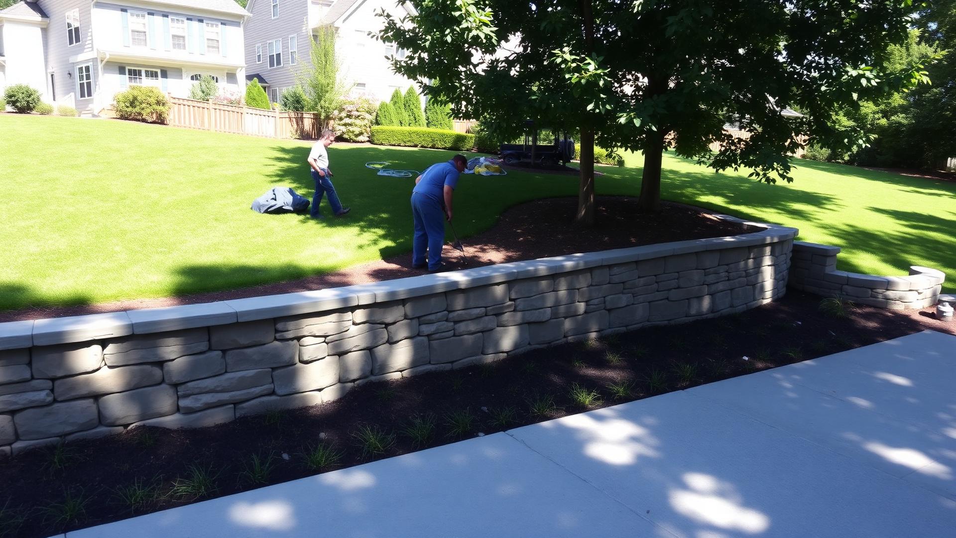 Professional landscaping with retaining walls, patios, and plant installations in Georgia