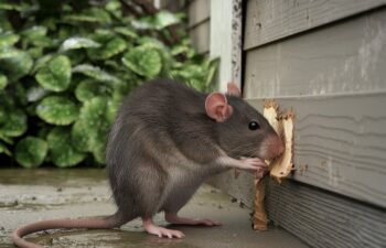 rat chewing into siding along foundation of home